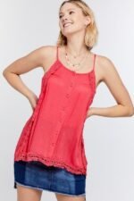 Boho Scallop Lace Trim Detailed Button Down Solid Subtle Textured Slit Side ... - Image 3