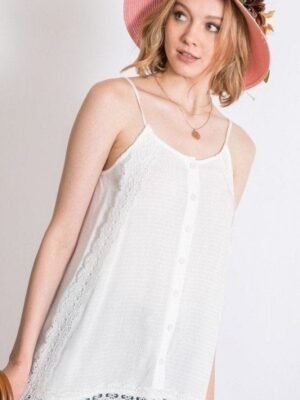Boho Scallop Lace Trim Detailed Button Down Solid Subtle Textured Slit Side …