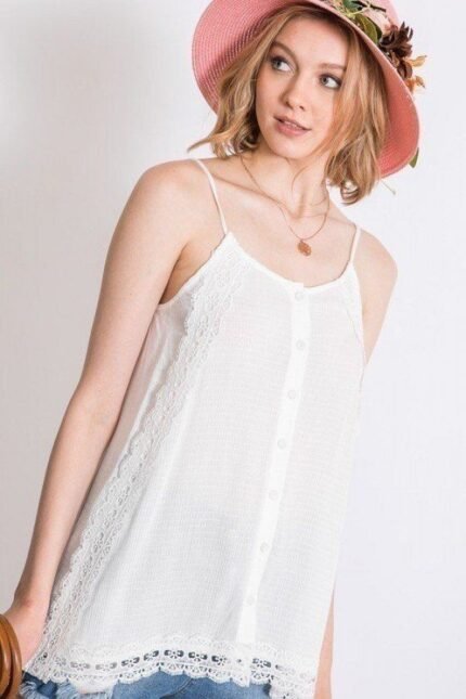 Boho Scallop Lace Trim Detailed Button Down Solid Subtle Textured Slit Side ...