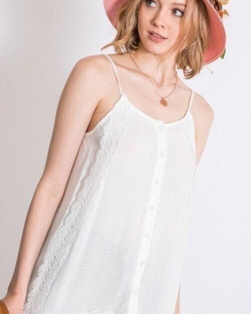 Boho Scallop Lace Trim Detailed Button Down Solid Subtle Textured Slit Side …