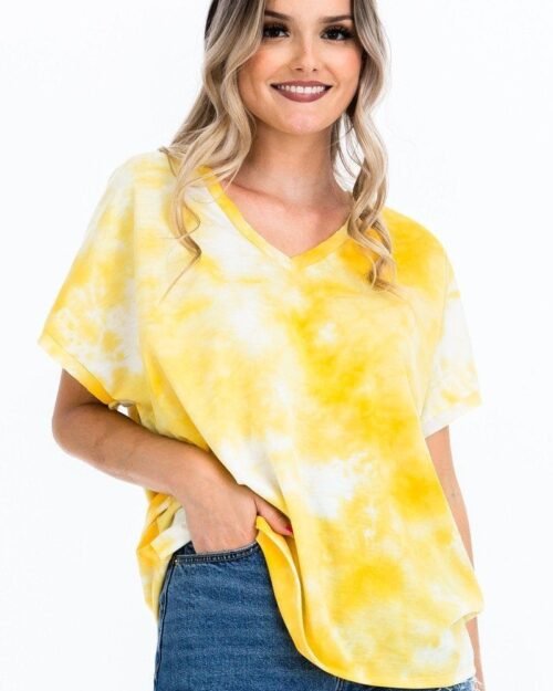 Tie-dye Top Featured In A V-neckline And Cuff Sort Sleeves