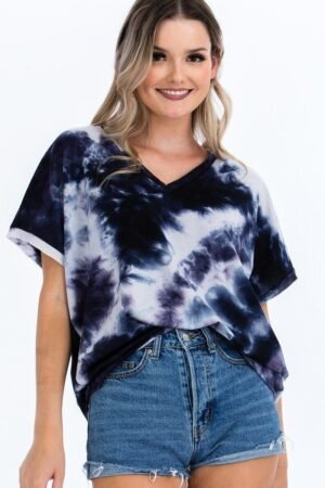 Tie-dye Top Featured In A V-neckline And Cuff Sort Sleeves Tie-dye Top Featured In A V-neckline And Cuff Sort Sleeves