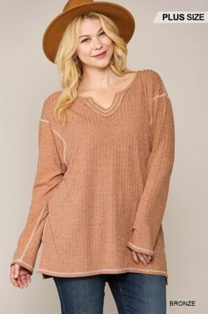 Two-tone Ribbed Tunic Top With Side Slits Two-tone Ribbed Tunic Top With Side Slits
