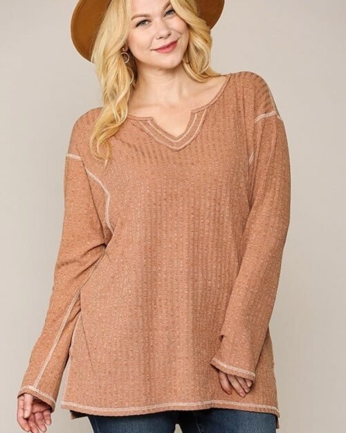 two-tone ribbed tunic top with side slits