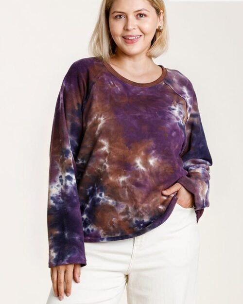 french terry tie-dye raglan long sleeve top with raw hem
