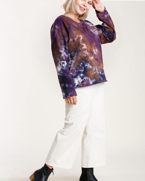 french terry tie-dye raglan long sleeve top with raw hem
