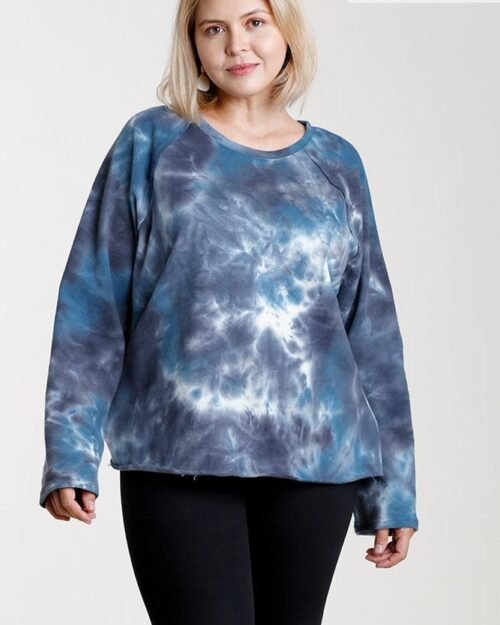 French Terry Tie-dye Raglan Long Sleeve Top With Raw Hem