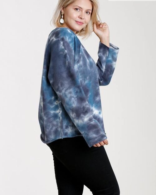 french terry tie-dye raglan long sleeve top with raw hem