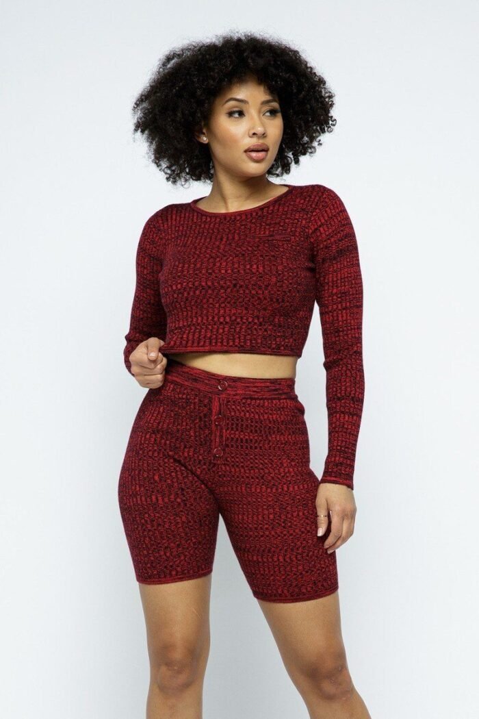 Knit long sleeve cropped top knit high-waist biker shorts set