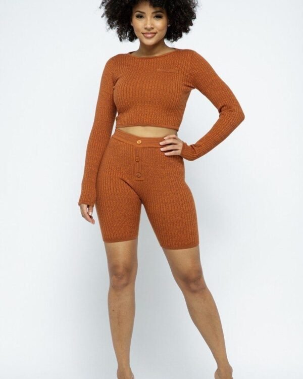 Knit Long Sleeve Cropped Top Knit High-waist Biker Shorts Set