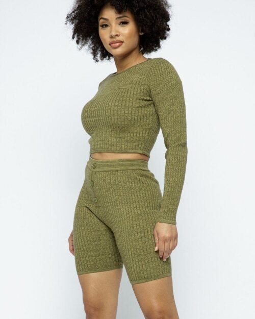knit long sleeve cropped top knit high-waist biker shorts set