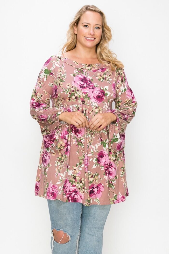 Floral, bubble sleeve tunic top
