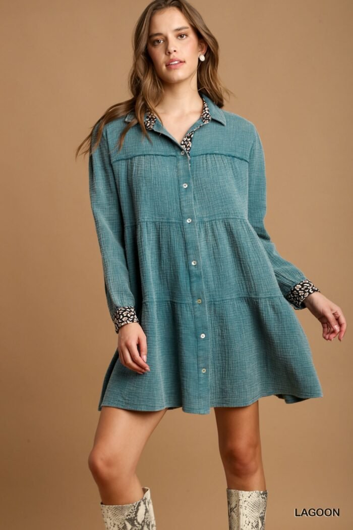Mineral wash cotton gauze tiered dress in ash with animal print and front pockets