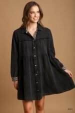 Mineral wash cotton gauze tiered dress in ash with animal print and front pockets