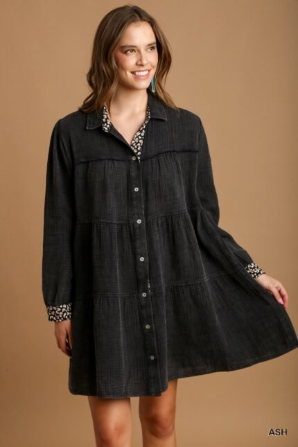 Mineral wash cotton gauze tiered dress in ash with animal print and front pockets