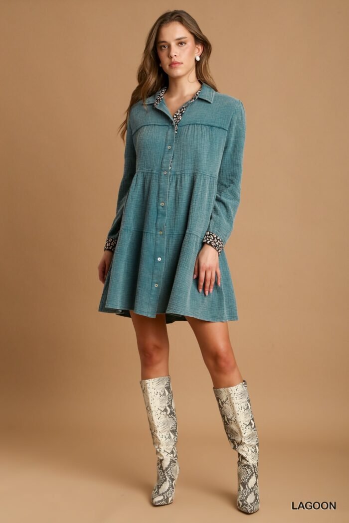 Mineral wash cotton gauze tiered dress in ash with animal print and front pockets