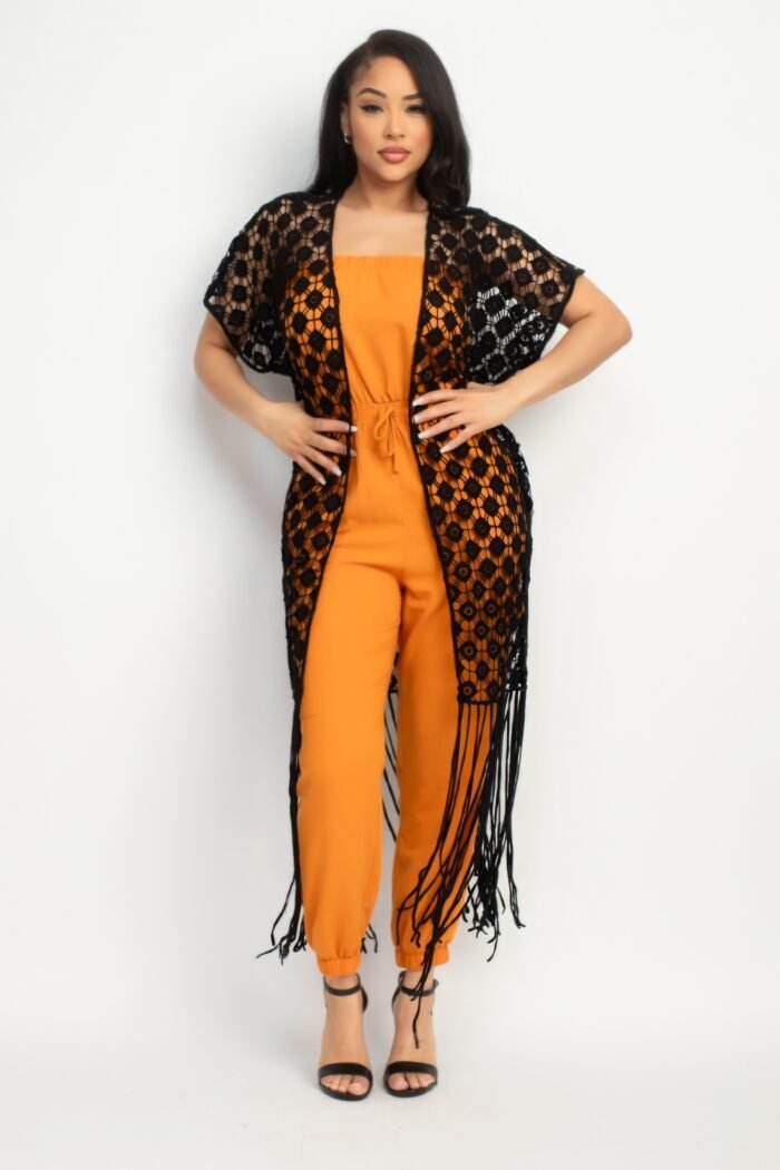 Crocheted open-front fringe kimono