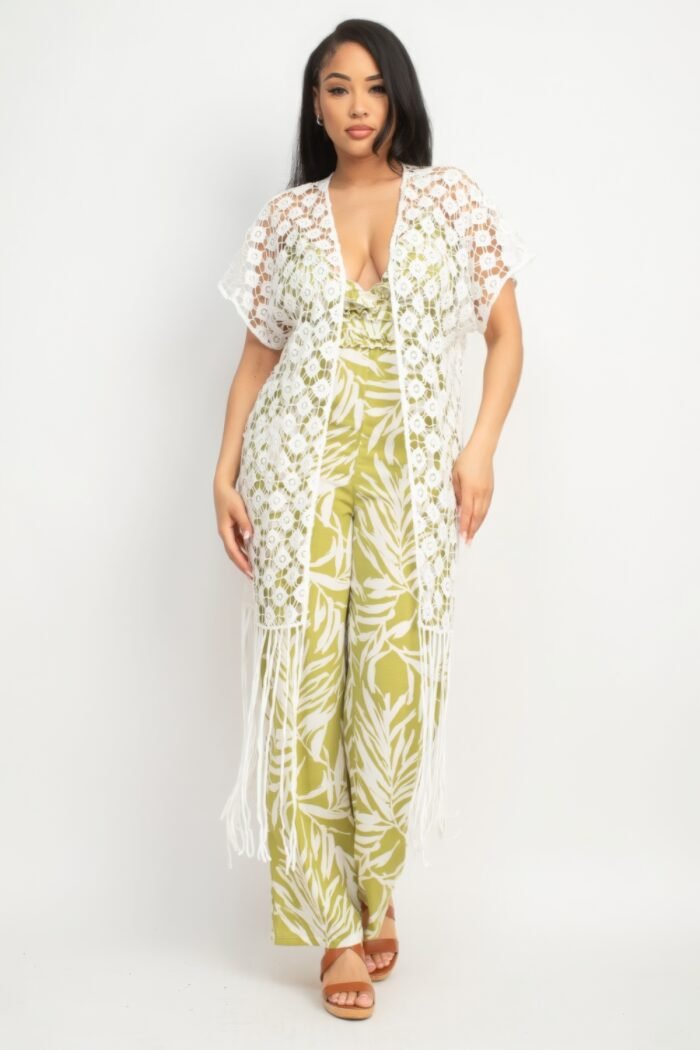 Crocheted open-front fringe kimono