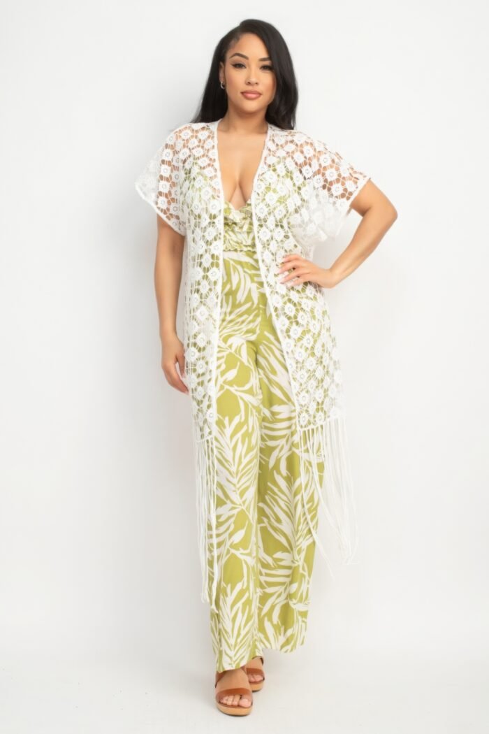 Crocheted open-front fringe kimono