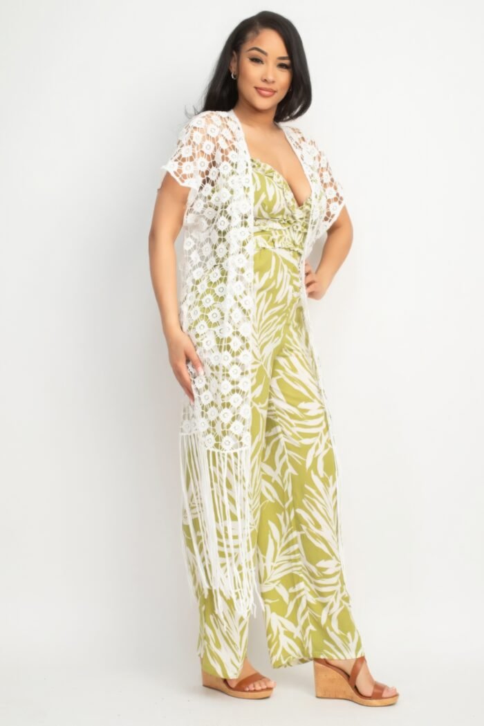 Crocheted open-front fringe kimono