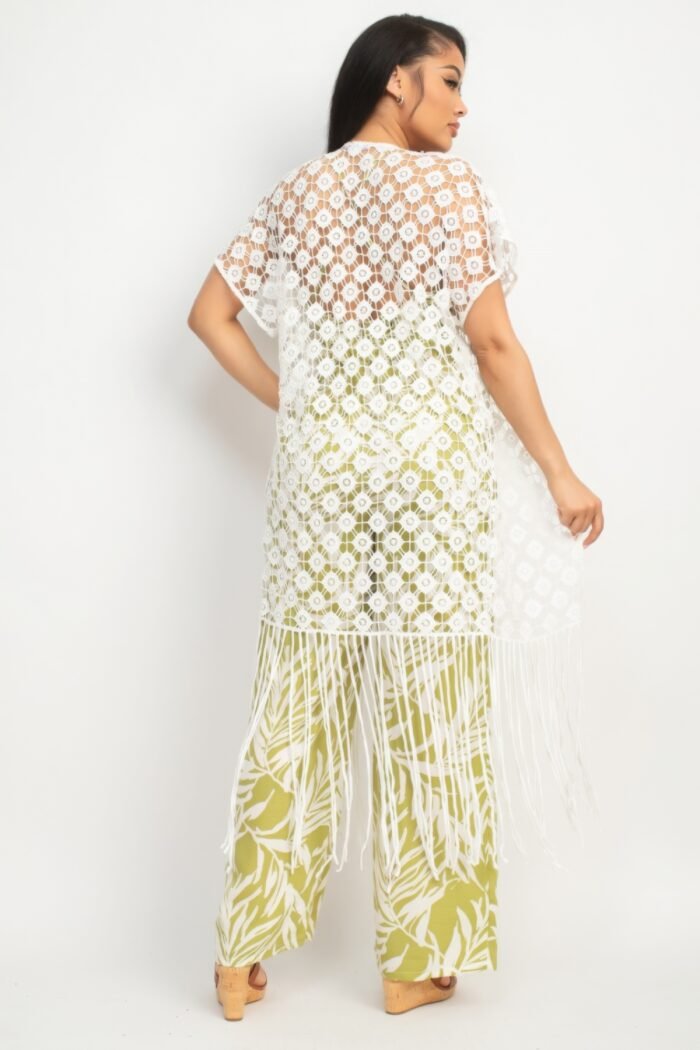 Crocheted open-front fringe kimono