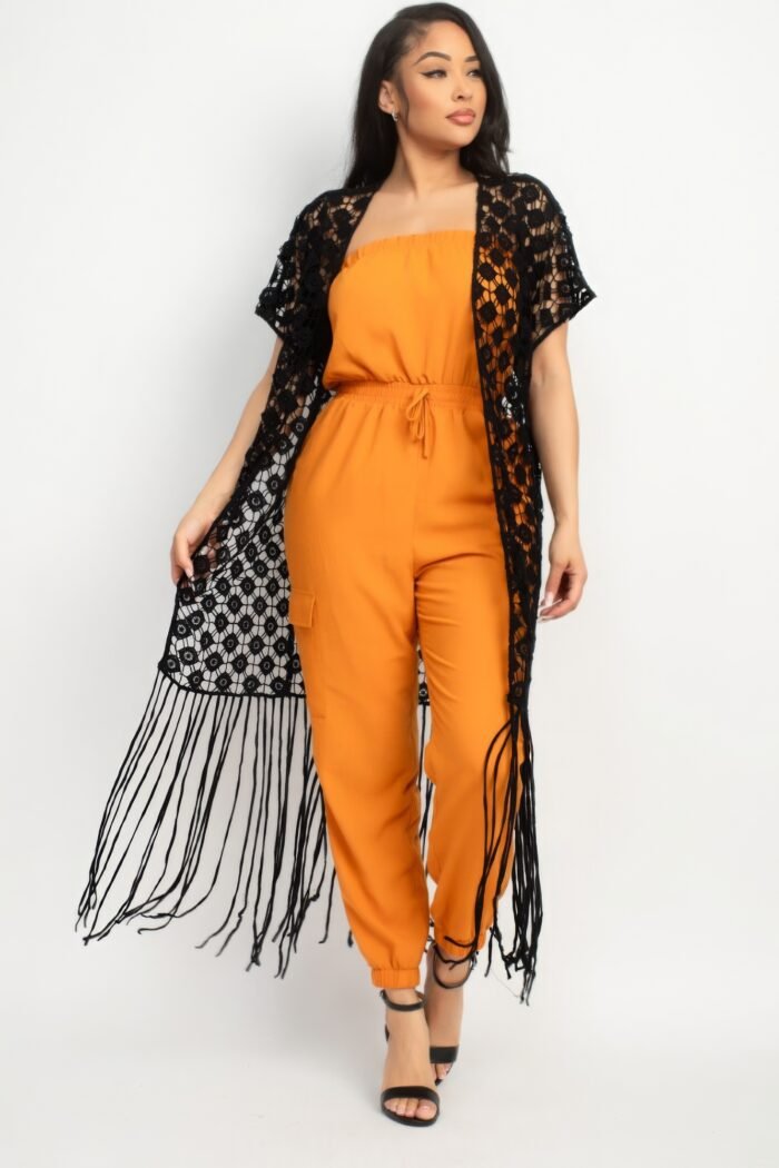 Crocheted open-front fringe kimono