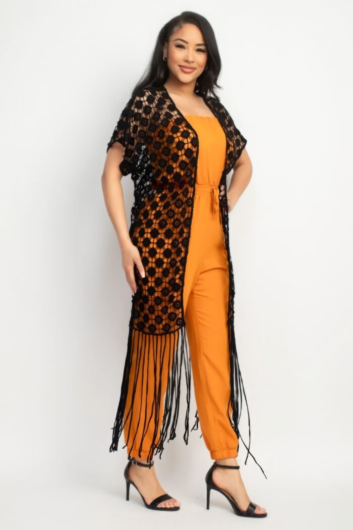 Crocheted open-front fringe kimono