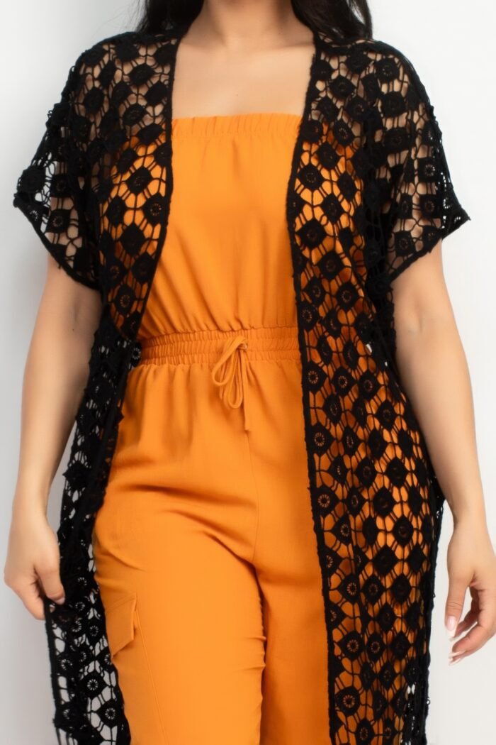 Crocheted open-front fringe kimono