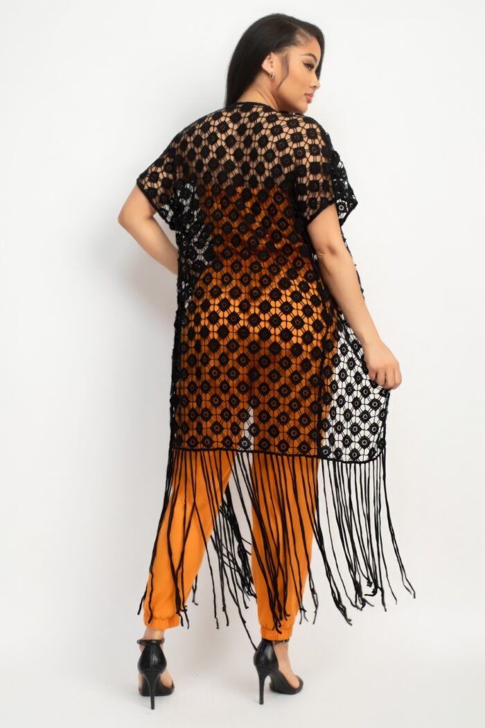 Crocheted open-front fringe kimono