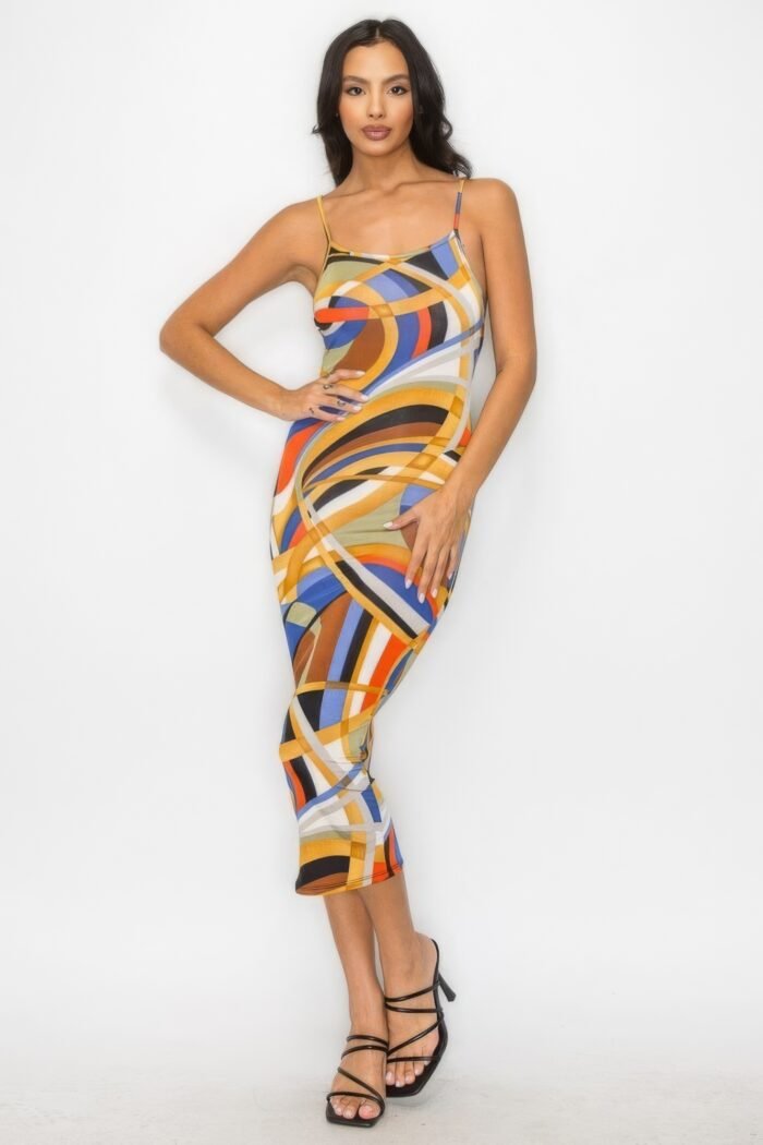 Crossed back marble print multicolor midi dress