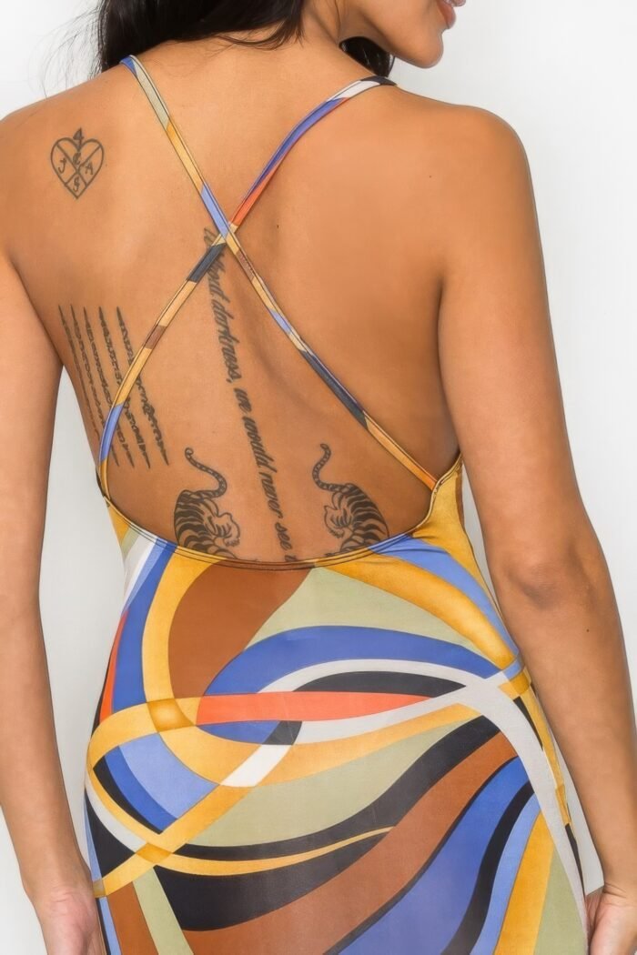 Crossed back marble print multicolor midi dress