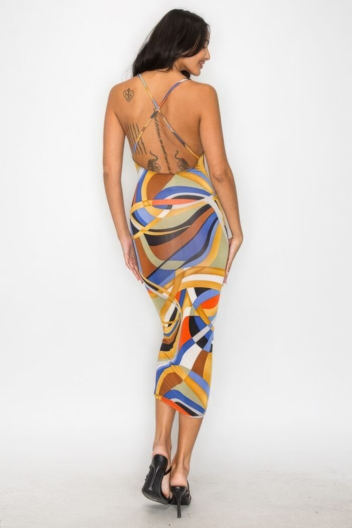 Crossed back marble print multicolor midi dress