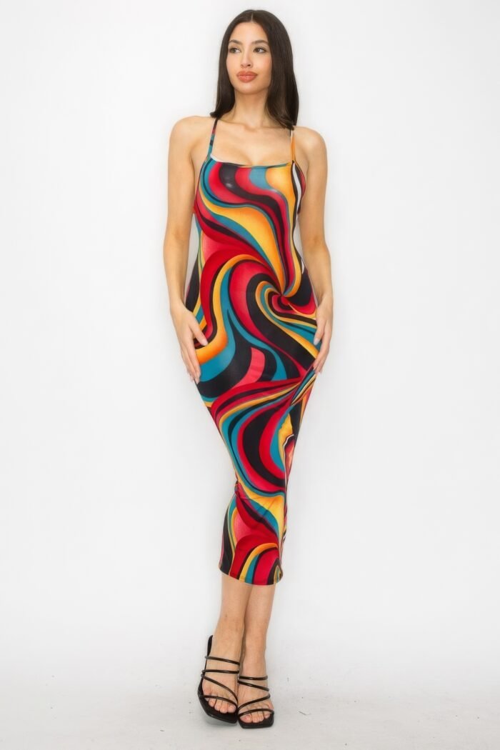 Crossed back marble print multicolor midi dress