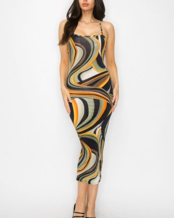 Crossed Back Marble Print Multicolor Midi Dress