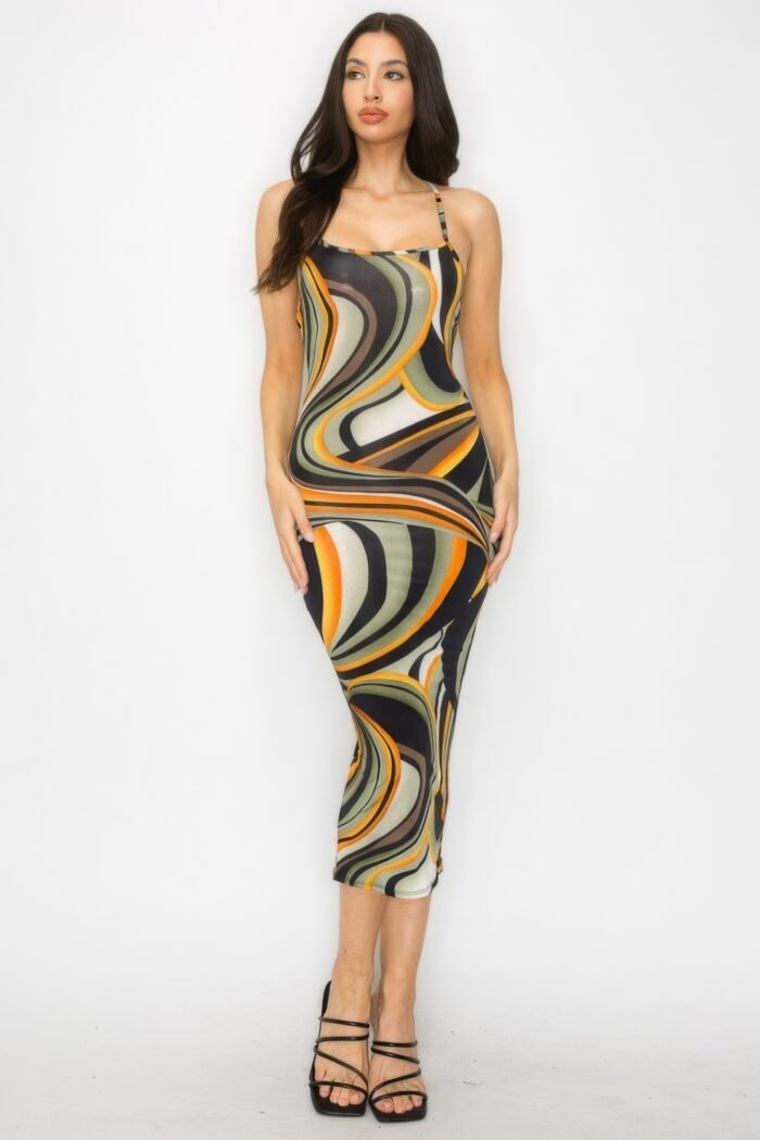Crossed back marble print multicolor midi dress