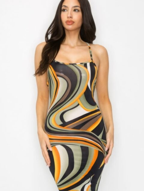 Crossed Back Marble Print Multicolor Midi Dress