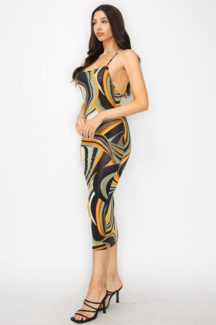 Crossed back marble print multicolor midi dress