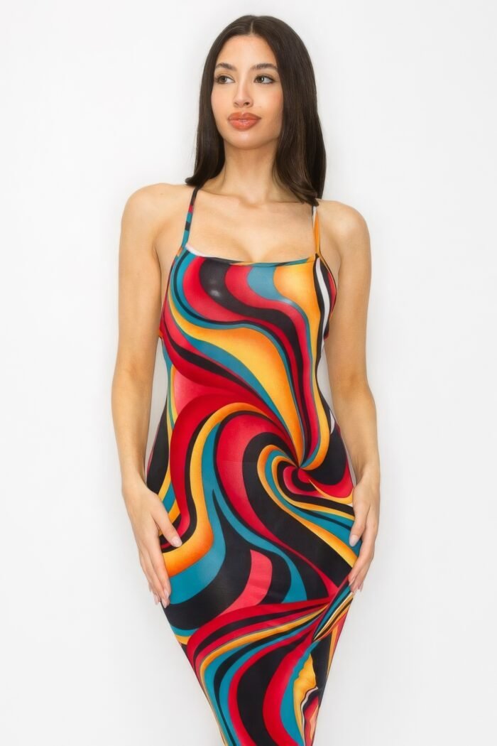 Crossed back marble print multicolor midi dress