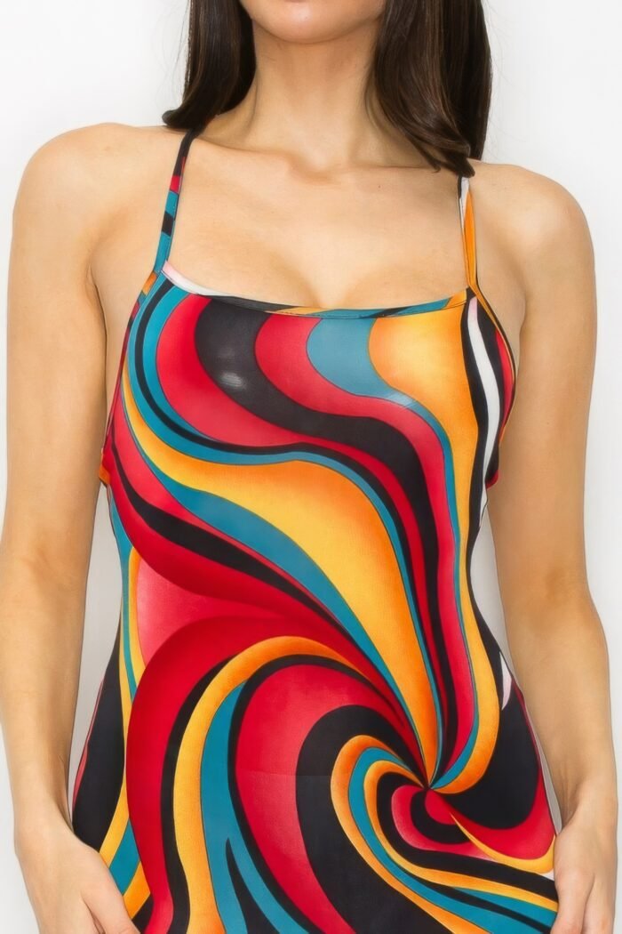Crossed back marble print multicolor midi dress