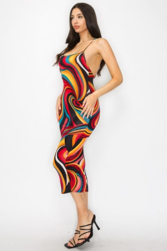 Crossed back marble print multicolor midi dress