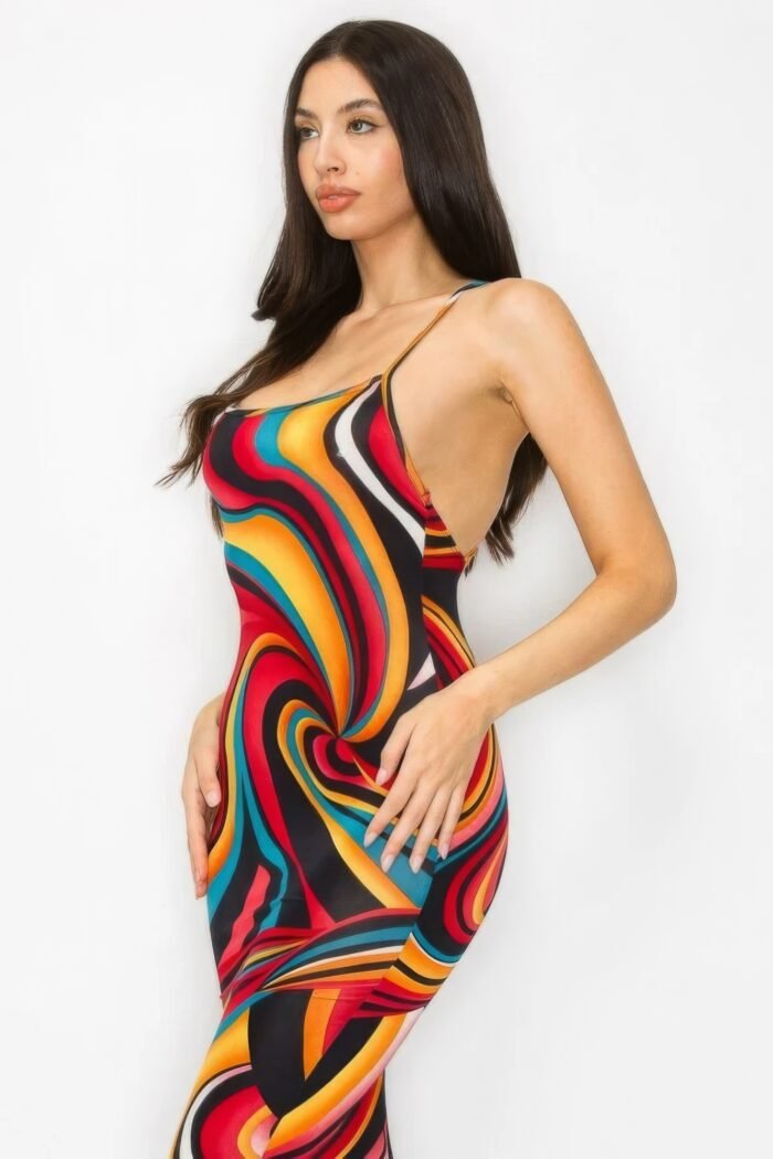 Crossed back marble print multicolor midi dress