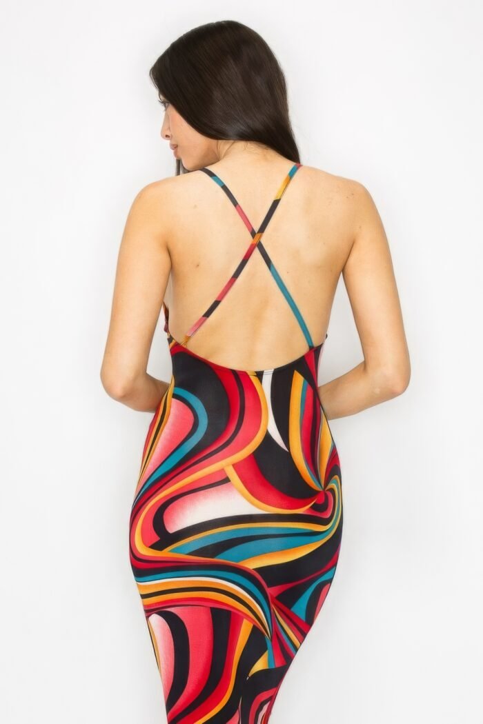 Crossed back marble print multicolor midi dress