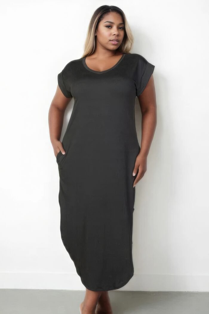 Plus size hidden pocket batwing sleeve v neck long dress
