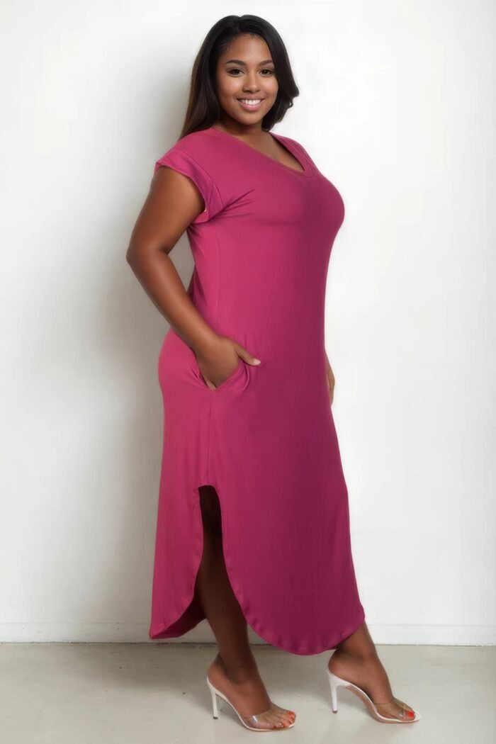 Plus size hidden pocket batwing sleeve v neck long dress