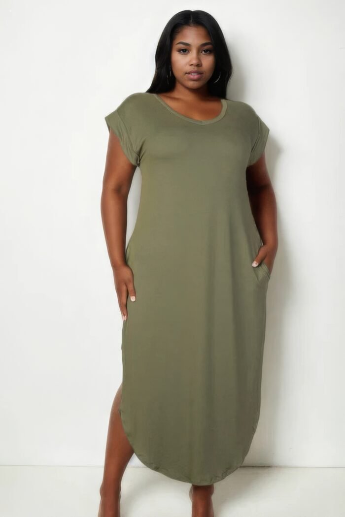 Plus size hidden pocket batwing sleeve v neck long dress