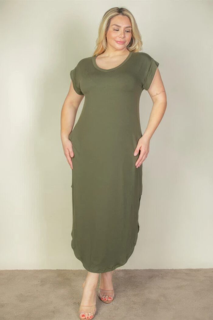 Plus size hidden pocket batwing sleeve v neck long dress