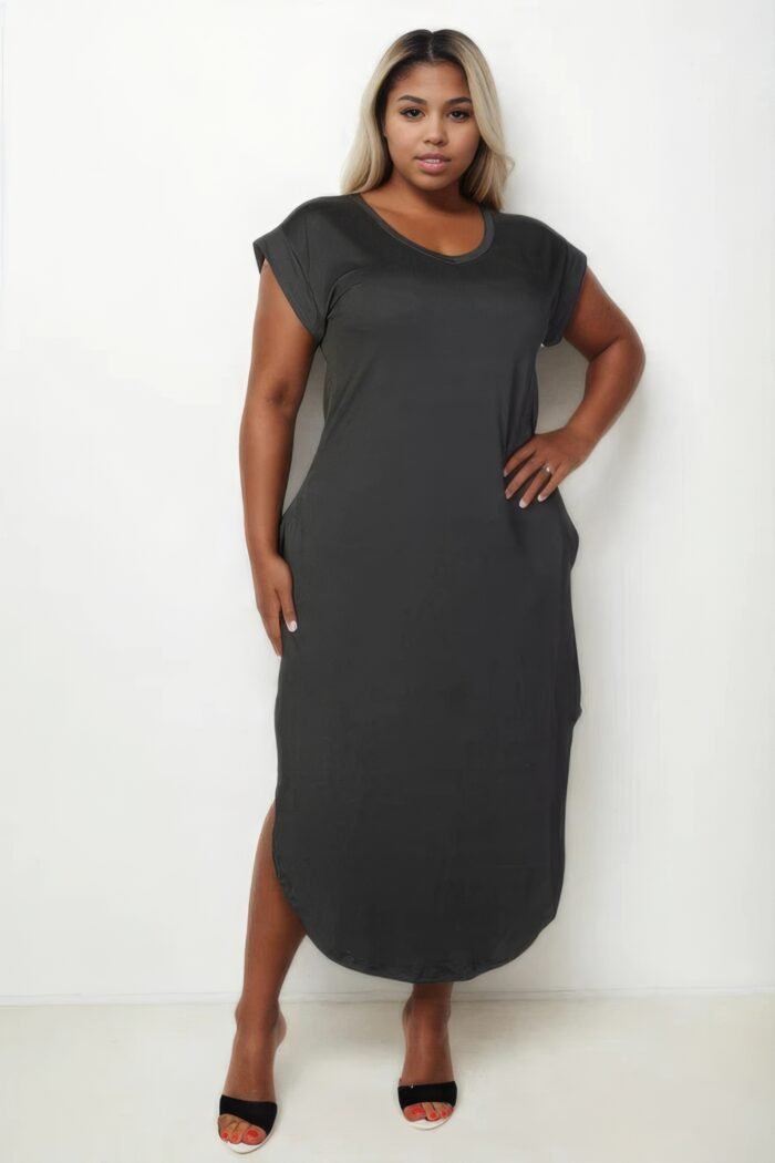 Plus size hidden pocket batwing sleeve v neck long dress