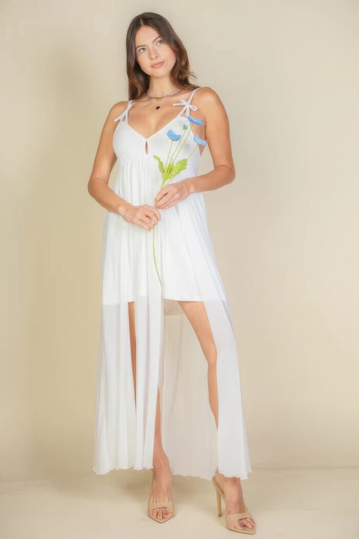 Plunge neck split thigh mesh maxi dress