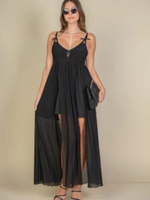 Plunge Neck Split Thigh Mesh Maxi Dress