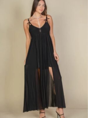 Plunge Neck Split Thigh Mesh Maxi Dress Plunge Neck Split Thigh Mesh Maxi Dress